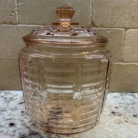 Vintage Anchor Hocking Pink Paneled Ribbed Depression Glass Lidded Cookie Jar #1 - Picture 1 of 3